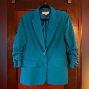 Michael Kors Teal Blue Blazer Pinch Pleats 3/4 length seeves Size 10
